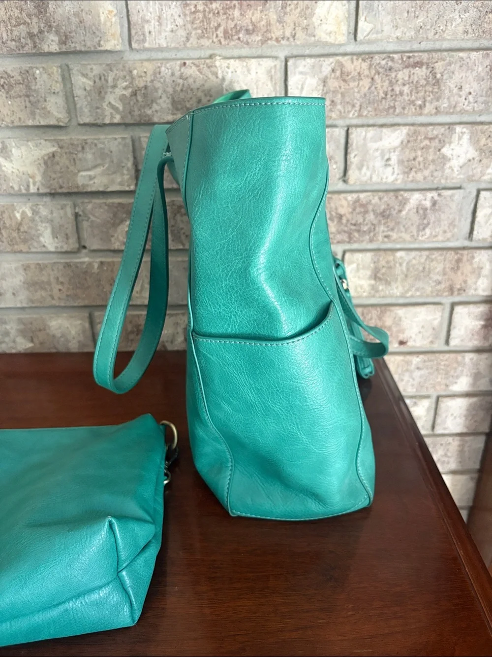 Green Leather Tote and Crossbody Bag Set